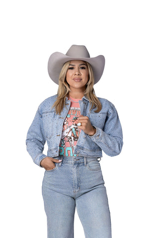 Ninel Cropped Denim Jacket with Rhinestones