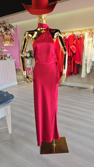 Monaco Red Satin Backless Maxi Dress