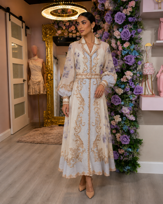 Miss Ivory Floral Baroque Long Sleeve Belted Maxi Dress