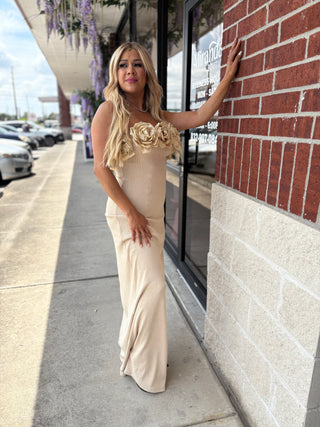 Marina Strapless Long Floral Dress Beige Stretchy Elegant