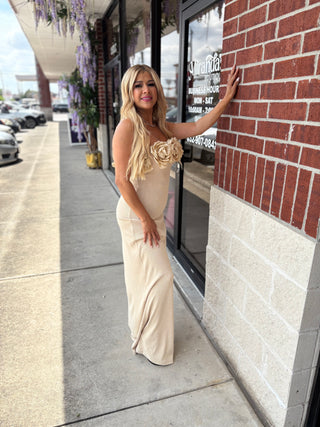 Marina Strapless Long Floral Dress Beige Stretchy Elegant