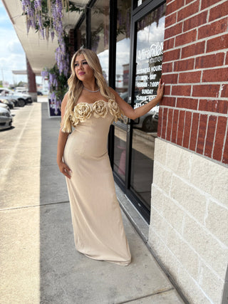 Marina Strapless Long Floral Dress Beige Stretchy Elegant