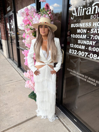 Hannah Unique Long Sleeve Dress with Fringes Sheer Details