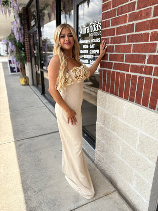 Marina Strapless Long Floral Dress Beige Stretchy Elegant