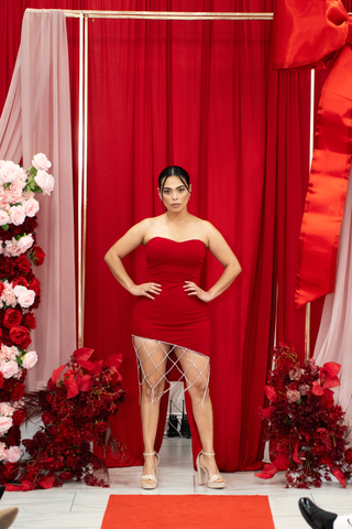Noelle Sexy Bodycon Midi Dress with Rhinestones Strapless
