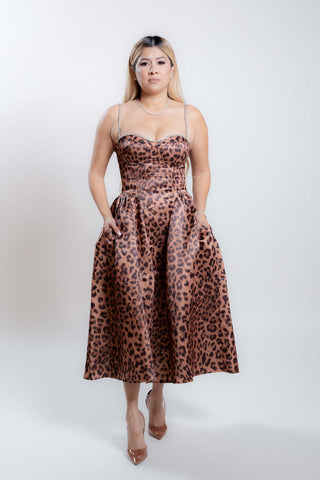 Penelope Animal Print Satin Dress with Pockets - Rhinestones details