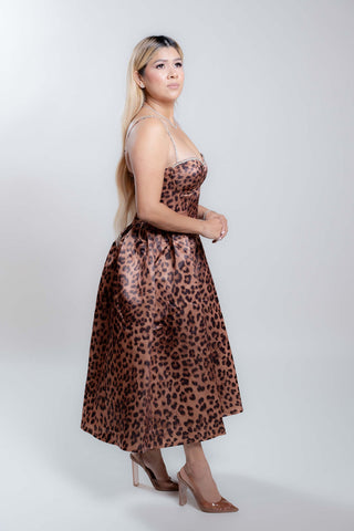 Penelope Animal Print Satin Dress with Pockets - Rhinestones details