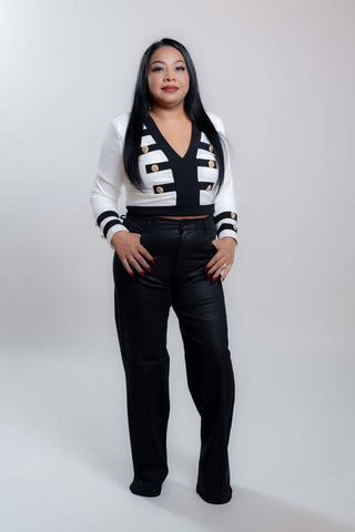 Stephanie Double Buttoned Long Sleeve Top - Black & White