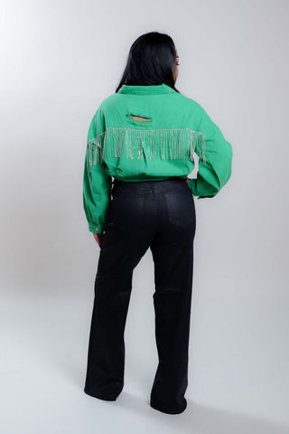 Emilia Green Cropped Distressed Denim Jacket with Rhinestones Details in the Back