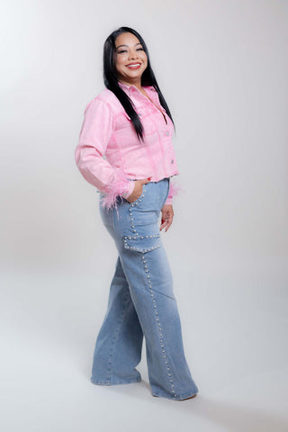 Amelia Pink Denim Jacket with Feather Details