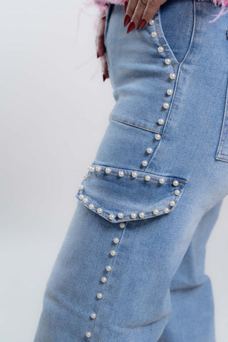 Madeleine Cargo Denim Jeans with Pearl Details