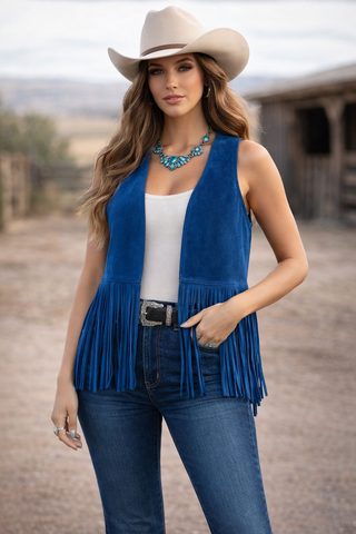 Luci Leather Blue Vest with Fringes - Howdyland