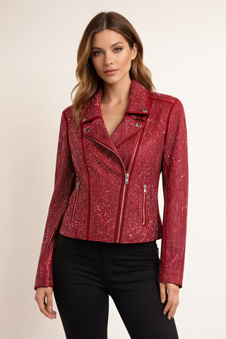 Megan Rhinestone Biker Jacket – Red
