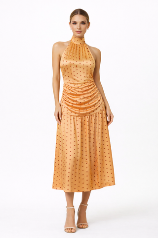 Juno Golden Polka Dot Halter Midi Dress