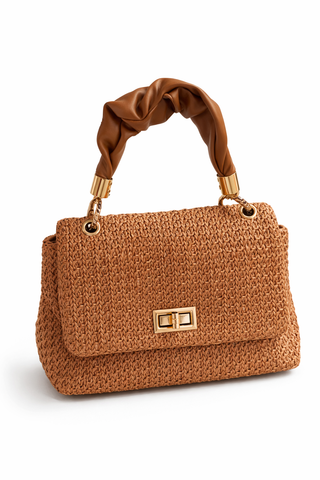 Maddie Woven Straw Top Handle Bag with Twisted Satin Handle