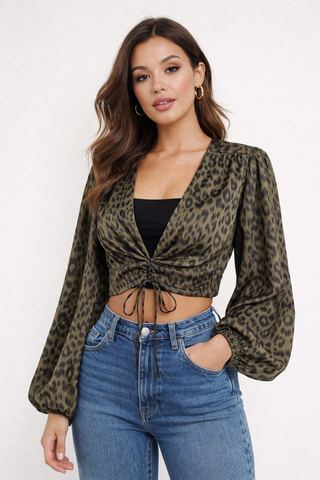 Claire Satin Leopard Animal Print Blouse Crop Top