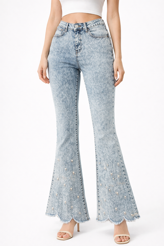 Amelia Flared Denim Jeans with Rhinestones & Pearls | Mid-rise