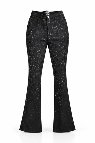 Juana Rhinestones Embellished Mid Rise Flare Stretch Jeans Coated Denim