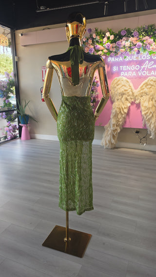 Jennifer Sequin Halter Midi Dress – Green