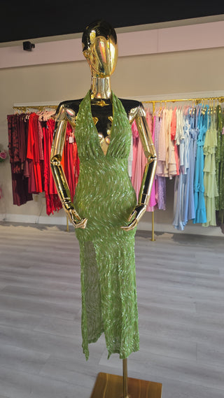 Jennifer Sequin Halter Midi Dress – Green