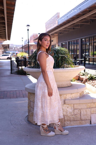 Denise Beige Embroidered Midi Dress