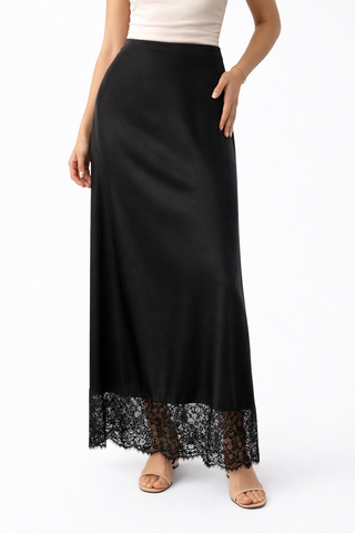 Simone Black High-Waisted Silky Maxi Skirt with Lace Hem