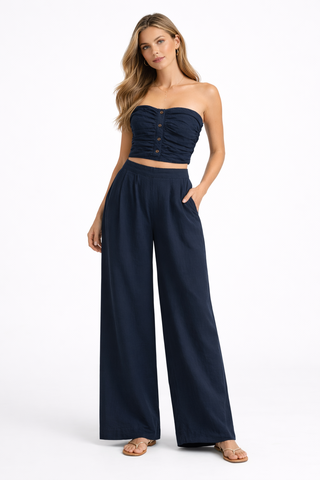 Tulum Navy Two-Piece Set – Strapless Crop Top & Wide-Leg Pants