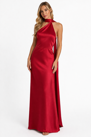Monaco Red Satin Backless Maxi Dress