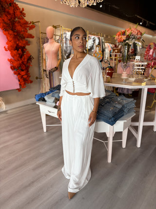 Elodie White Two Piece Set Cropped Top and Straight Leg Pants