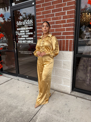 Lara Yellow Silky Two Piece Set Pants and Blouse Lace Details