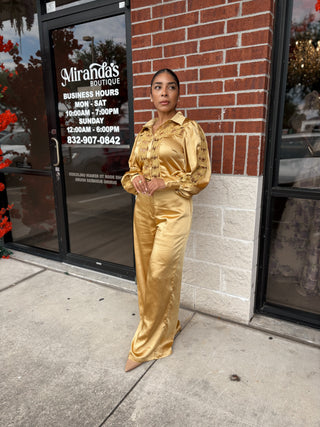 Lara Yellow Silky Two Piece Set Pants and Blouse Lace Details