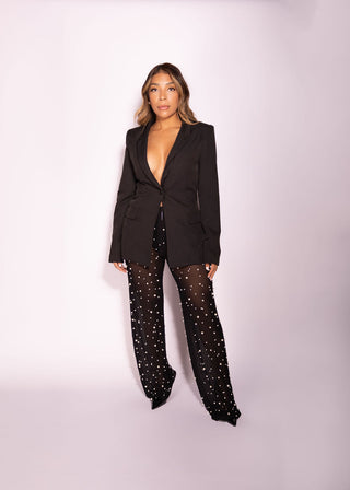 Cloe Two Piece Set Blazer + Sheer Pants with Pearls Details Sexy Elegant