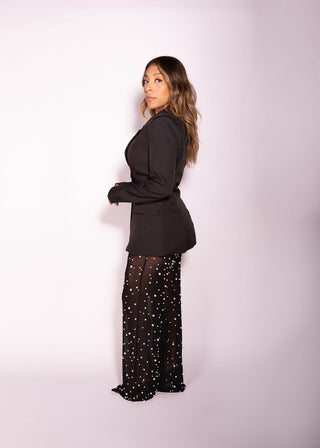 Cloe Two Piece Set Blazer + Sheer Pants with Pearls Details Sexy Elegant