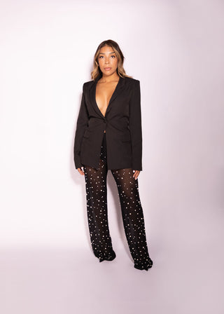 Cloe Two Piece Set Blazer + Sheer Pants with Pearls Details Sexy Elegant