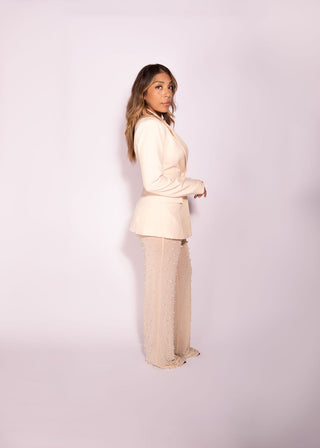 Cloe Two Piece Set Blazer + Sheer Pants with Pearls Details Sexy Elegant