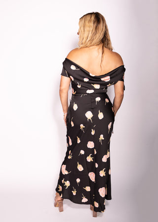 Margie Floral Black Satin Strapless Dress Elegant