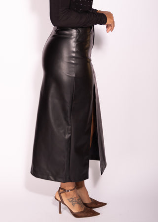 Ximena Faux Leather Long Skirt with Slit Sexy Elegant