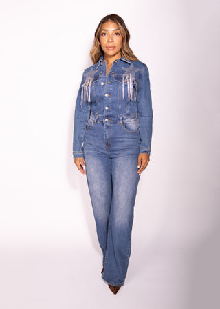 Micky Denim Long Sleeve Jumpsuit with Rhinestones Stars Rodeo Cowgirl Star