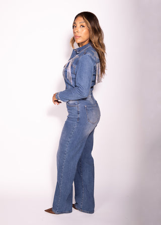 Micky Denim Long Sleeve Jumpsuit with Rhinestones Stars Rodeo Cowgirl Star