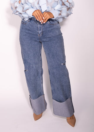 Sara High Waisted Pockets Rolled Hem Wide Leg Casual Jeans Denim Pants