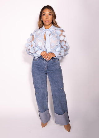 Sara High Waisted Pockets Rolled Hem Wide Leg Casual Jeans Denim Pants