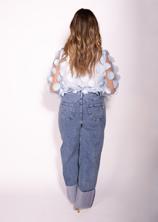 Sara High Waisted Pockets Rolled Hem Wide Leg Casual Jeans Denim Pants