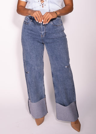 Sara High Waisted Pockets Rolled Hem Wide Leg Casual Jeans Denim Pants