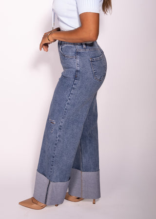 Sara High Waisted Pockets Rolled Hem Wide Leg Casual Jeans Denim Pants