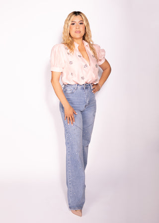 Whitney Jeans Denim Pants with Rhinestones Details Straight Leg