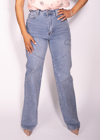 Whitney Jeans Denim Pants with Rhinestones Details Straight Leg