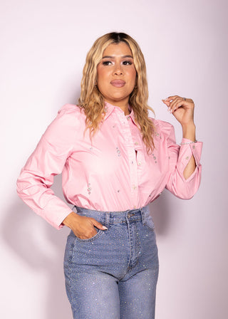 Joy Long Sleeve Pink Shirt with Rhinestones Details