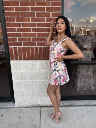 Spring is Here Pink Floral Embroidered Two-Piece Set Top+Skirt