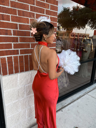 Eliza Backless Pearls Long Satin Dress Elegant Sexy