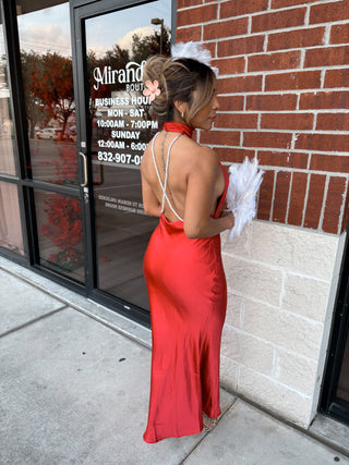 Eliza Backless Pearls Long Satin Dress Elegant Sexy